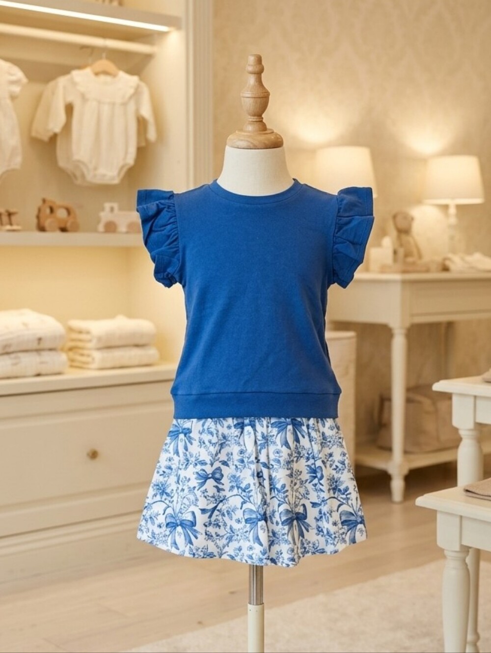 Millie Loves Lily Blue Flutter Top & Blue/White Bow Floral Skort Set | Sizes 8